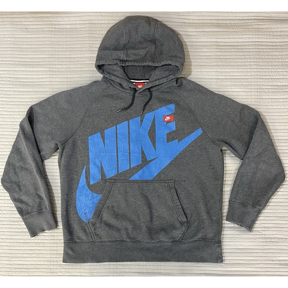 VTG NIKE Grey Blue Hoodie Sweatshirt Big Spell Out Pull Over Mens Size Medium